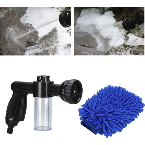 Pistolet à eau à mousse noire pour usage domestique, avec 8 jets différents. Idéal pour arroser les plantes, les pelouses, les terrasses, laver les voitures et baigner les animaux. (1/5)