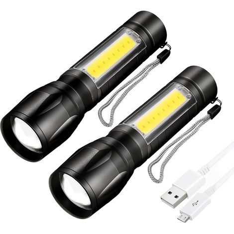 Lot de 2 lampes de poche LED rechargeables, super lumineuses, mise au point réglable, 3 modes d'éclairage, longue durée de vie, lampe de poche étanche pour urgence, camping, randonnée, (1/5)