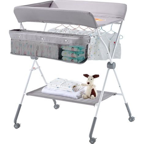 Table à Langer Pliable, Plan à Langer avec Panier Latéral et Roulettes Verrouillables, Meuble pour Bébés Réglable en Hauteur, Rangement Multifonction pour Chambres d'Enfant, Gris Clair (1/5)