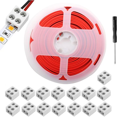 15Pièces connecteur ruban led 2 broches 10mm,avec câble 22AWG/20M bornier à vis connecteur 2 broches 10mm avec tournevis pour éclairage de bande LED 5-24 V (1/5)