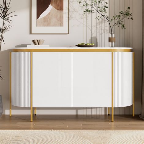 Credenza 140x38x80cm ovale bianca - Madia mdf con 6 piedi in metallo 4 ante scanalate passacavi mobile contenitore soggiorno moderno (1/5)