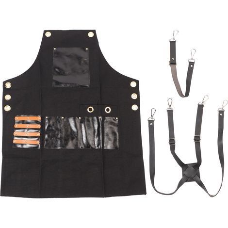 Tablier noir toile coiffeur, tablier salon cuir PU imperméable réglable avec poches. (1/5)