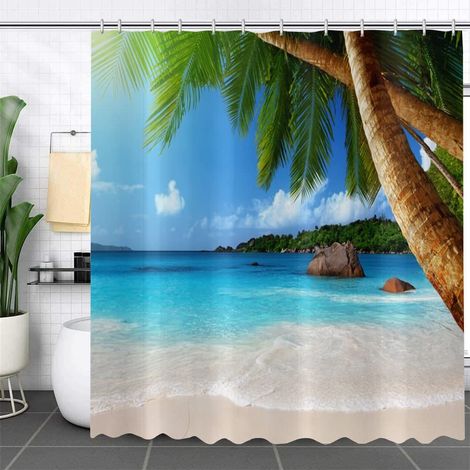 Rideau de douche lavable, anti-moisissure, motif tropical, avec crochets, dimensions 180 x 200 cm, disponible en plusieurs couleurs. (1/5)