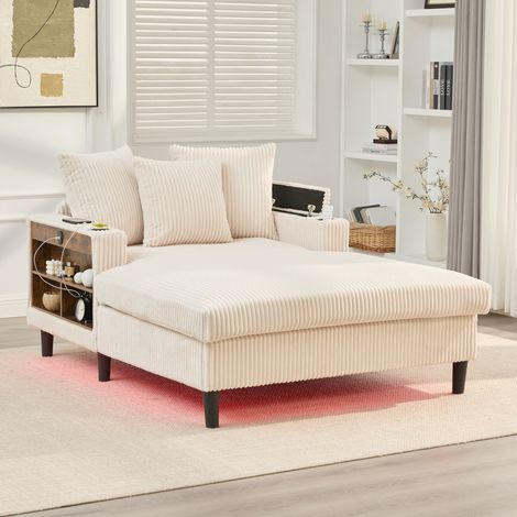 Chaise-longue Corduroy, LED multicolore, porte-gobelets, USB, rangement intégré, 3 coussins lavables, Beige (1/5)