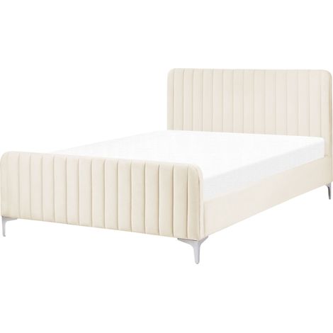Letto matrimoniale in velluto EU con testiera imbottita 140 x 200 cm Gambe in metallo Base a doghe Beige Lunan