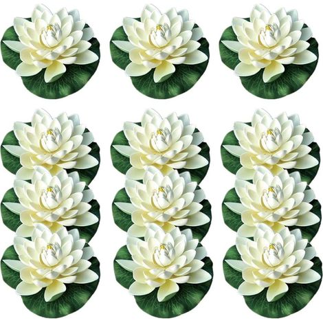 Flores de loto artificiales flotantes de espuma con adornos de nenúfares, color blanco marfil, perfectas para patio, estanque, piscina, acuario, hogar, jardín, bodas y decoración navideña.