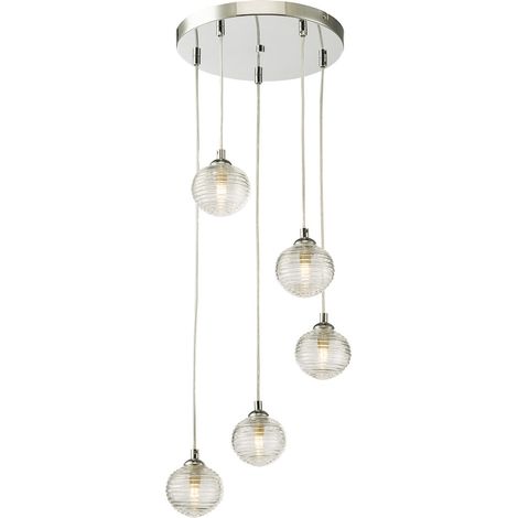 Federico Suspension de plafond à 5 ampoules, chrome poli, verre nervuré transparent (1/5)