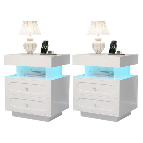 Table de chevet, 100 cm de long x 40 cm de large x 60 cm de haut, avec éclairage LED, deux tiroirs et un compartiment de rangement ouvert, blanche. (1/5)