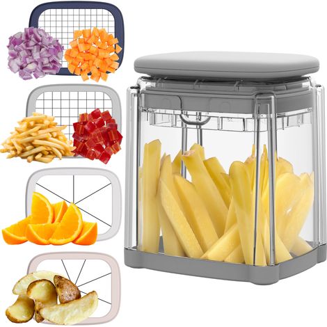 Coupe-légumes et fruits multifonctions - 4 lames pour couper en dés, trancher et plus encore, 5 livres de recettes numériques inclus, facile à nettoyer et à ranger, gris et transparent