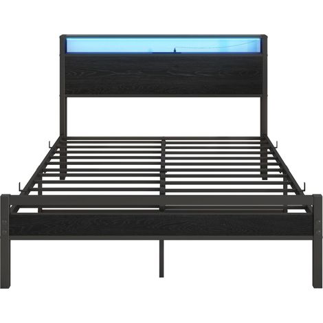 Cama 140x200 de metal con almacenaje, LED y USB, negra (1/5)