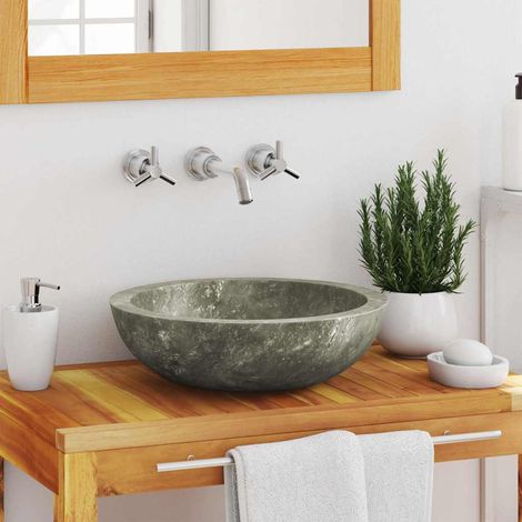 Lavabo en marbre rond gris – Vasque à poser en pierre naturelle pour salle de bain – Diamètre 40 cm x Hauteur 12 cm (1/5)