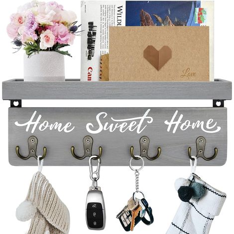 Porte-clés Murale en Bois Massif - Porte-clés et Organiseur de Courrier avec 4 Crochets Doubles - Pour Entrée Salon Couloir - 1 Pièce