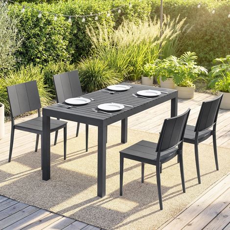 Ensemble de jardin 5 pièces : table grande avec plateau à lattes + 4 chaises empilables pour 4 personnes, gris foncé (1/4)