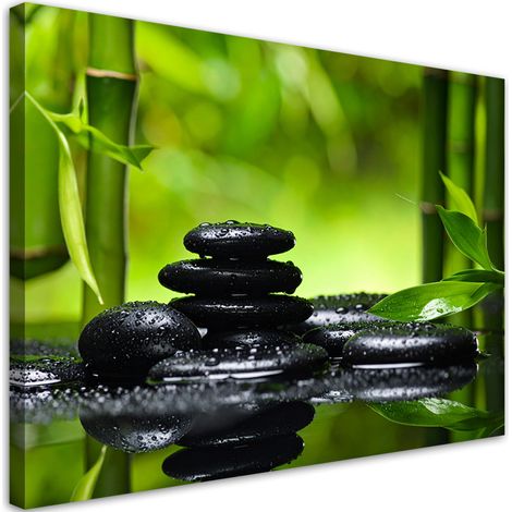 Tabelau sur Toile, Pierres noires feuilles bambou spa zen,30x20 (1/4)