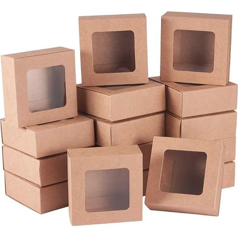 Square Kraft Paper Drawer Boxes with Window 8x8x3cm Paper Gift Boxes for Candy Storage Bakery Party Favor (1/5)