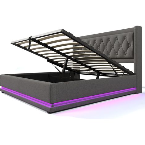 Cama con arcón 180x200 cm gris con LED en 3 lados y puertos USB-C, cabecero tapizado (1/5)