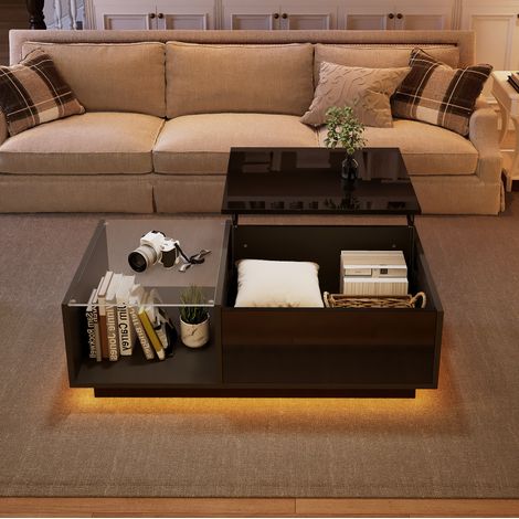 Table basse relevable 100x50x33 cm noire en panneau de particules avec LED APP et rangement (1/5)