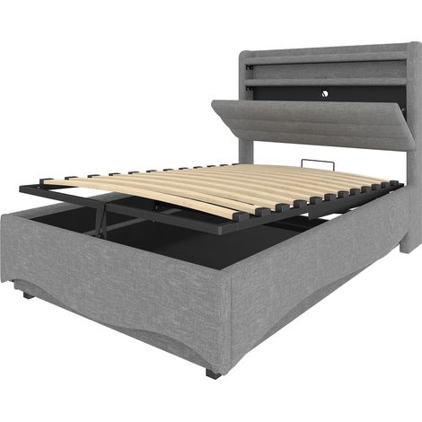 Letto contenitore 90 x 200 cm grigio in lino con LED, USB Type-C e meccanismo idraulico (1/5)