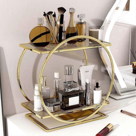 Organisateur de parfum pour coiffeuse, organisateur de salle de bain à 2 niveaux avec rangement, accessoires de salle de bain dorés, organisateur de maquillage pour plateaux de coiffeuse, soins de la  (1/5)