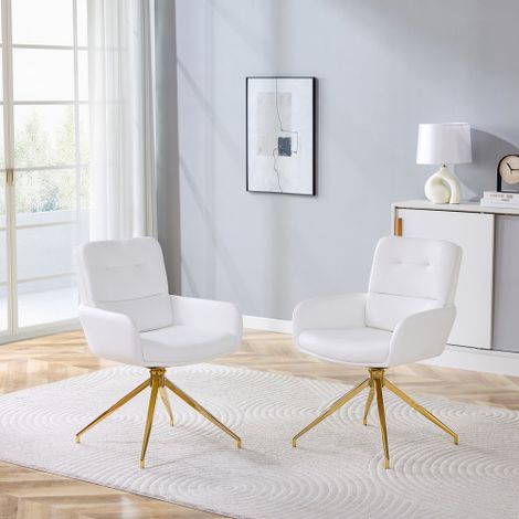 [2er-Set] Europäischer Drehstuhl im leichten Luxus-Design: Weiße PU-Beschichtung + goldfarbene Metallbeine, 360° schalldrehend, 2er-Set für Esszimmer / Entspannungsbereiche.
