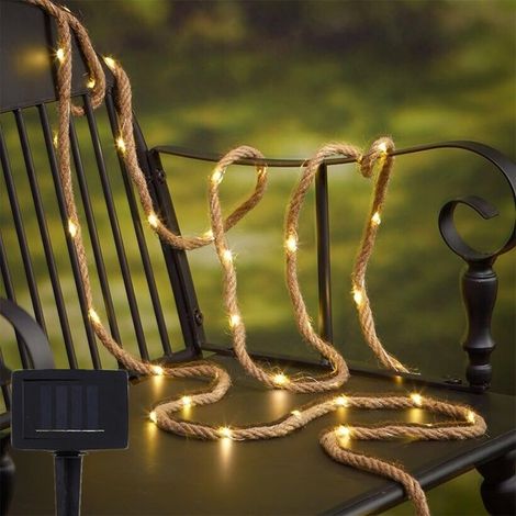 Guirlande lumineuse solaire en jute étanche de 10 m avec 200 LED pour extérieur, intérieur, terrasse, piscine, chambre, salon, éclairage paysager et décorations d'arbre de Noël (1/5)