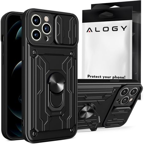 Funda tipo cartera Alogy Camshield con soporte y anillo, cubierta para la cámara y ranuras para tarjetas para Apple iPhone 14 Pro, color negro. (1/5)