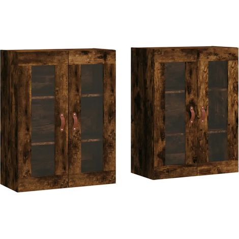 Set di 2 armadietti a parete moderni con anta in vetro portaoggetti 69,5 x 34 x 90 cm in legno multistrato rovere fumo 020055413