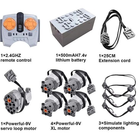 11-teiliges Set mit technischen Funktionen: Fernbedienung, Servomotor, Batteriebox, Verlängerungskabel, beleuchtetes Kabel für technische Fahrzeuge