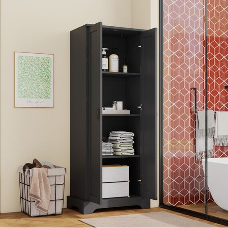 Armario de baño 56x40x170 cm de MDF lacado, 2 puertas, 4 estantes ajustables y cierre suave, negro (1/5)