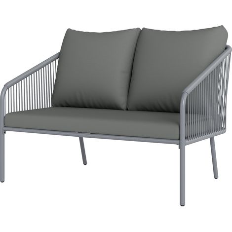 Canapé de jardin 2 places en rotin gris 112x72x76 cm avec coussins - Canapé lounge extérieur pour balcon
