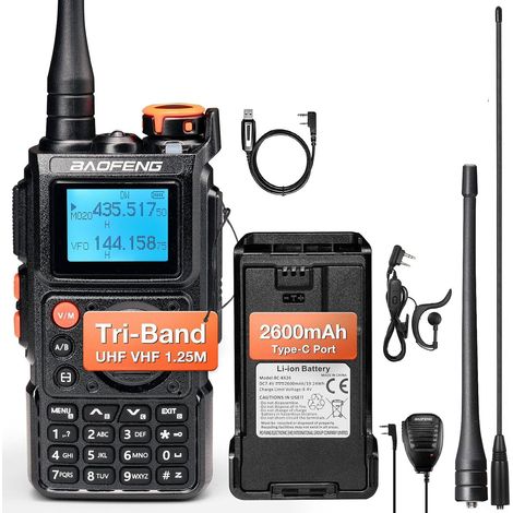 Tri-bande Talkie-walkie, Radio bidirectionnelle haute puissance 6W multibande UHF/VHF/FM/Air, batterie 2600 mAh charge USB-C, câble de programmation, 999 canaux, copie de fréquence sans fil (1/5)