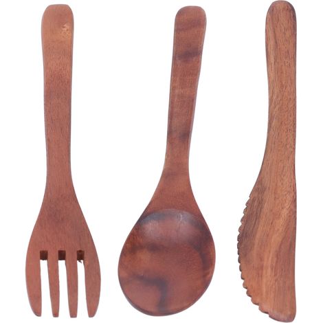 Ensemble de couverts en bois 3 pièces - Fourchette, couteau, cuillère portable pour cuisine et pique-nique
