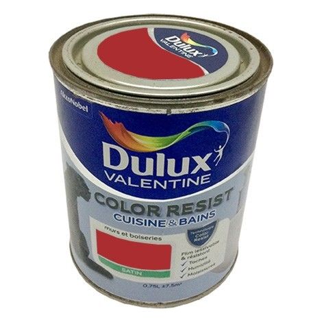 Dulux Valentine – Peinture acrylique Color Resist cuisine & bain 0,75 L – Rouge industriel – Résistance à l'eau et aux taches – Pour espaces humides (1/2)