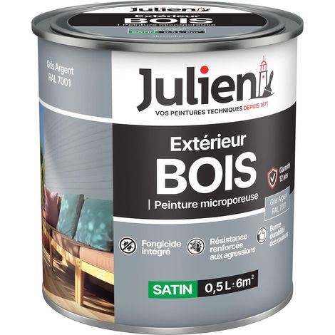 Julien Peinture Bois Microporeux Extérieur Satin - Portes, fenêtres, portails, mobilier de jardin - Gris Argent 0,5 L