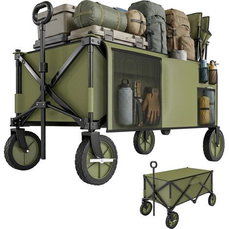 Outsunny – Chariot de jardin pliable 4 roues – Charge max. 100 kg – Dimensions 108x55x93 cm – Poignée télescopique – 5 pochettes de rangement (1/5)