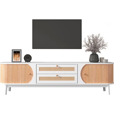 SOGES Meuble TV en bois naturel avec portes et tiroirs. Meuble TV avec côtés en rotin. Solution de rangement, style champêtre naturel.Blanc (1/5)