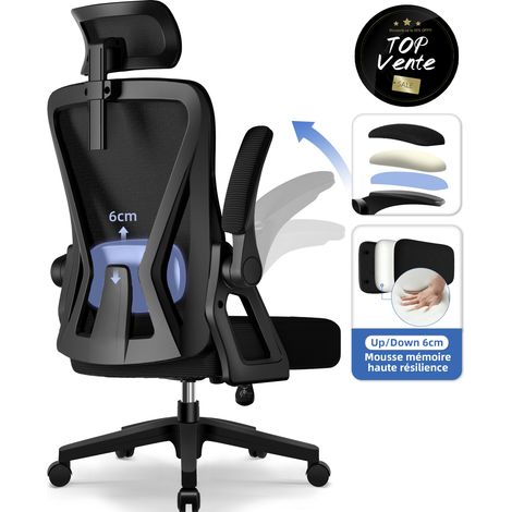 Authmic – Fauteuil de bureau ergonomique – Accoudoirs relevables – Dossier en S avec soutien lombaire réglable – Revêtement en nylon respirant