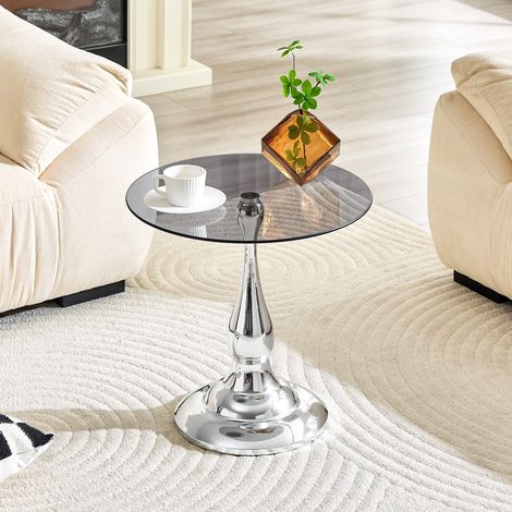 Table d'appoint ronde en verre trempé Ø50cm – Pied métallique forme bouteille finition chrome argenté – Bords arrondis sécurité – Pour salon chambre ou table de chevet (1/5)