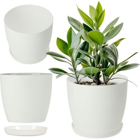 Pot de Fleurs en Plastique avec Soucoupe et Finition Mate Élégante, Cache-Pot pour Une Décoration Intérieure Raffinée et Moderne (30 cm, Blanc) (1/5)