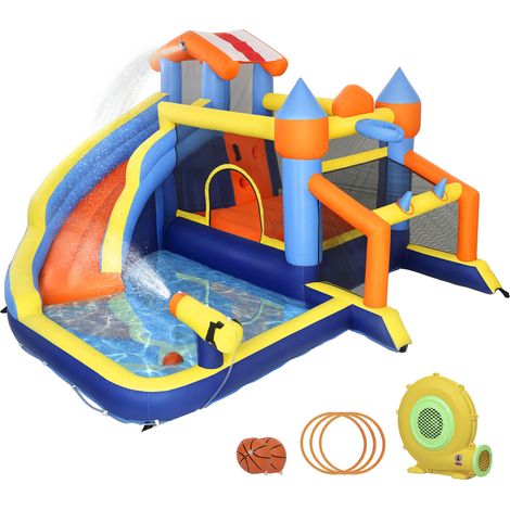 Château gonflable 8 en 1 avec souffleur, toboggan, piscine d'éclaboussures, trampoline et mur d'escalade, pour intérieur et extérieur, dimensions 350x325x210 cm, multicolore (1/5)