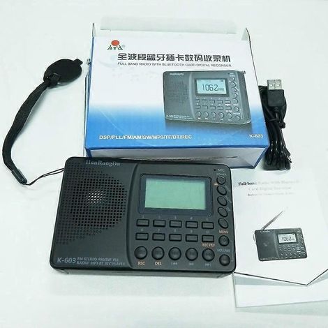 K-603 Vollbandradio mit AM/FM/SW-Empfang, Kurzwellenempfang, Stereo-Lautsprecher, unterstützt TF-Karten und USB-Aufnahme, Sleep-Time-Funktion – Schwarz
