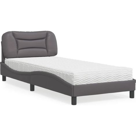 Lit 90 x 190 cm avec matelas en mousse, similicuir gris, tête de lit et sommier à lattes - PANGIVO (1/5)