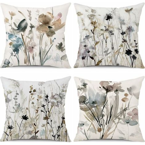 Housse de coussin décoratif pour canapé 45 x 45 cm – Lot de 4 en lin avec motif floral peinture aquarelle, lavable en machine (1/5)