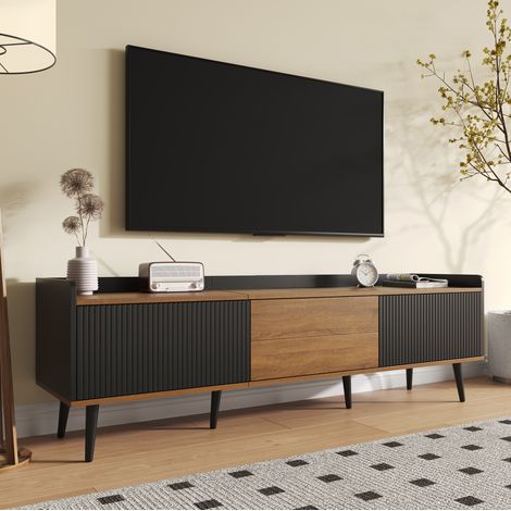 Mobile TV 160x39x49,5 cm nero e naturale in MDF con 3 ante e bordo rialzato (1/5)