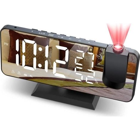Reveil Numérique Projecteur,Radio Reveil USB Electronique Plafond Projection 180° avec Double Alarme et Écran Miroir LED, Noir (1/3)