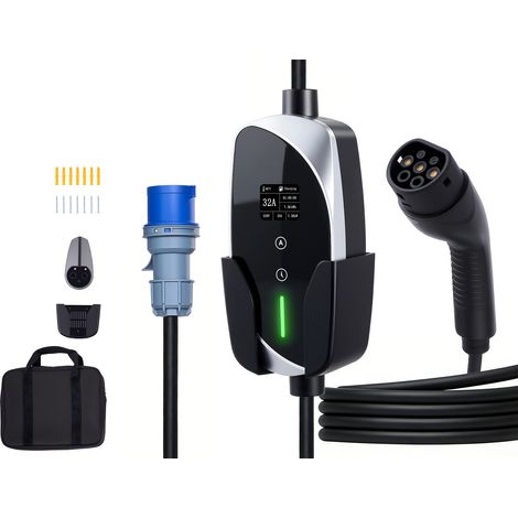 Mophorn Chargeur pour voiture électrique 7,4 kW - Station de recharge mobile 32 A avec câble de 6 m,connecteur Type 2,prise CEE 16 A monophasée, écran LCD, courant ajustable, boîtier de commande IP66 (1/5)