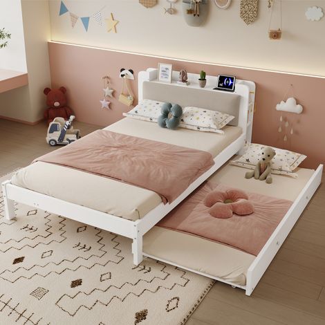 DESMIU Lit combiné 120 × 200 cm 2 places avec lit gigogne, tête de lit rembourrée, chargeur, sans matelas (1/5)