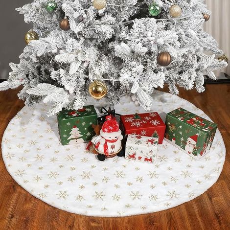 Jupe de Sapin de Noël Peluche, Tapis Sapin de Noel Blanc, Décorations d'arbre avec Paillettes de Flocon de Neige pour Fête à la Maison 90 cm (1/5)