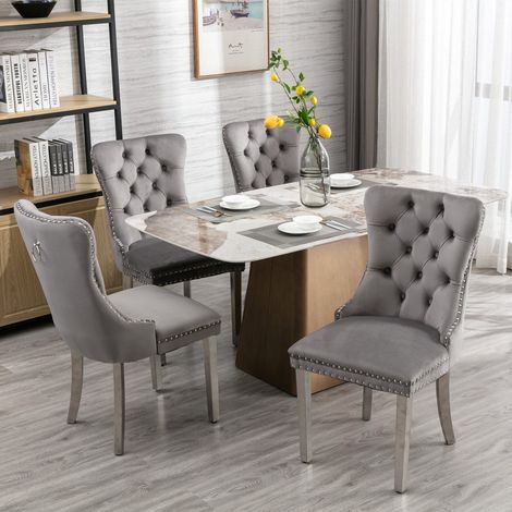 Lot de 2 chaises de salle à manger en velours gris, dossier haut capitonné, clous décoratifs, pieds effet chrome, style français (1/5)
