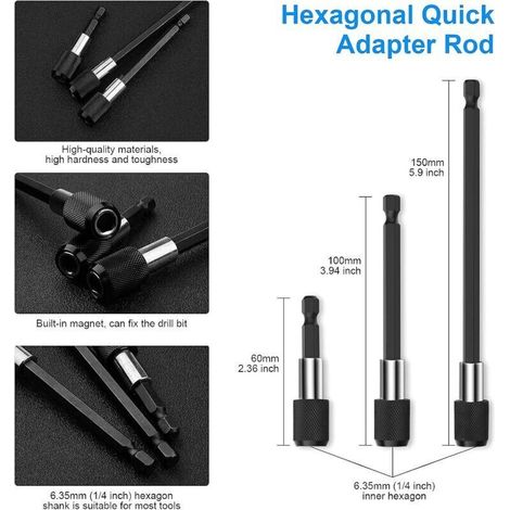 Accessoires de tours, Porte Embout Magnetique Visseuse,3 pcs Embouts de Tournevis Magnétiques à Tige Hexagonale+1 Foret à Angle Droit +1 D'extension d'angle Flexible Mandrin Perceuse+ 3 Embout Visseus (1/4)